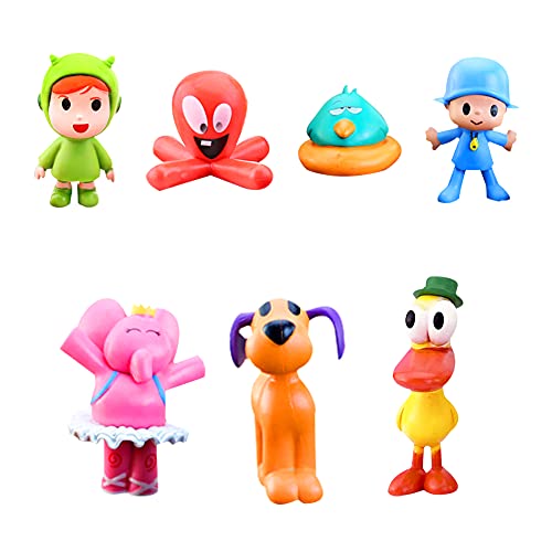 7PCS Mini Pocoyo Figuras de acción, Little P Youyou Figure Cupcake Topper, Pocoyo Barto Duck Puppy Lula Ellie Elephant Model Cake Decoración para niños Cumpleaños Baby Shower Party