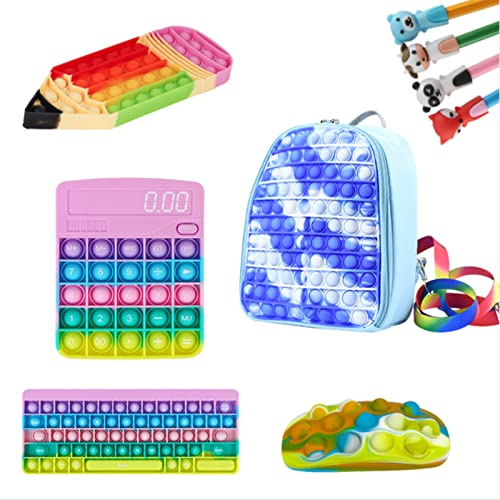 9 piezas Fidget Toy Pack Fidget Pop-On-It Mochila escolar con correas ajustables Calculadora Lápiz Forma de ratón Juego de fundas para puntas sensoriales Funda para teclado (Style D, 9 Pcs)