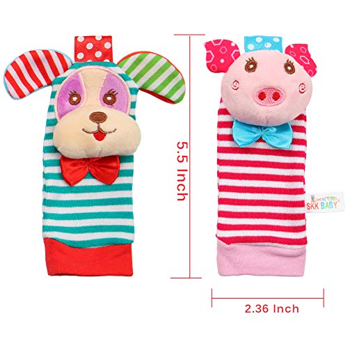 Acekid bebé pie sonajero, 4pcs muñeca sonajero y Calcetines Juguetes Set niño Juguetes de Animales Suaves Cerdo y Perro