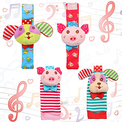 Acekid bebé pie sonajero, 4pcs muñeca sonajero y Calcetines Juguetes Set niño Juguetes de Animales Suaves Cerdo y Perro