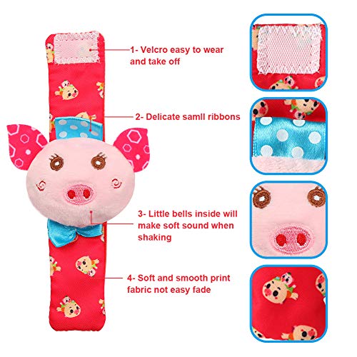 Acekid bebé pie sonajero, 4pcs muñeca sonajero y Calcetines Juguetes Set niño Juguetes de Animales Suaves Cerdo y Perro