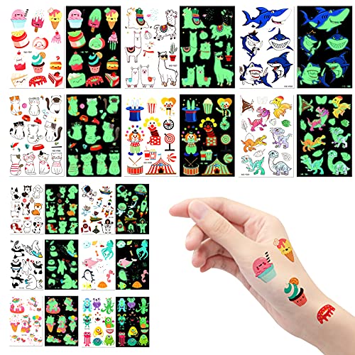 AIEX 12 Hojas Tatuajes Temporales Niños, Tatuaje de Dibujos Animados de Estilo Mixto Luminoso Unicornio Panda Circo Dinosaurio Espacio Animales Submarinos Tatuaje Falso a Prueba de Agua