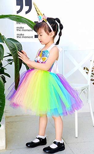 AJEUNGAIN Disfraz Unicornio Niña para Fiesta de Princesa Unicornio Cumpleaños Niña, Lentejuela Vestidos Niña Unicornio, Disfraz de Unicornio Niña, Vestido Tutú para Niñas de Flores Arcoíris