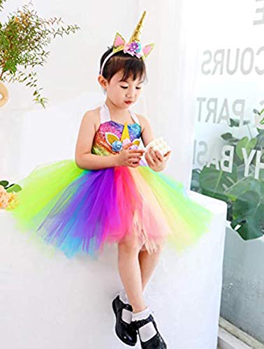 AJEUNGAIN Disfraz Unicornio Niña para Fiesta de Princesa Unicornio Cumpleaños Niña, Lentejuela Vestidos Niña Unicornio, Disfraz de Unicornio Niña, Vestido Tutú para Niñas de Flores Arcoíris