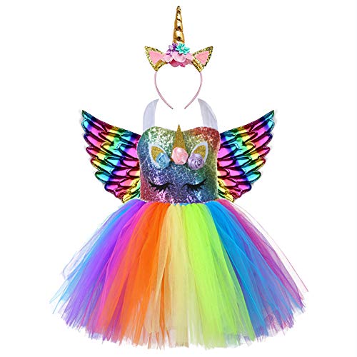 AJEUNGAIN Disfraz Unicornio Niña para Fiesta de Princesa Unicornio Cumpleaños Niña, Lentejuela Vestidos Niña Unicornio, Disfraz de Unicornio Niña, Vestido Tutú para Niñas de Flores Arcoíris