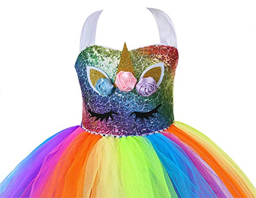 AJEUNGAIN Disfraz Unicornio Niña para Fiesta de Princesa Unicornio Cumpleaños Niña, Lentejuela Vestidos Niña Unicornio, Disfraz de Unicornio Niña, Vestido Tutú para Niñas de Flores Arcoíris