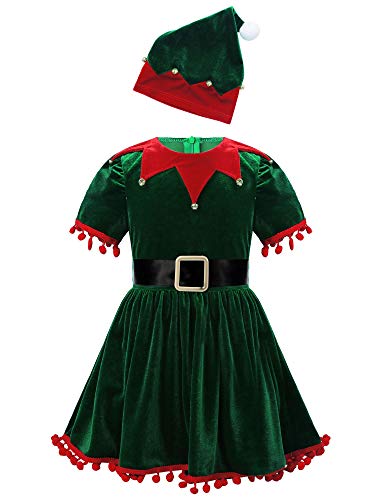 Alvivi Disfraz de Elfo Niña Vestido Princesa con Gorro Disfraz de Duende Navidad Halloween Cosplay Disfraz Bailarina de Ballet Tutú Verde 2-3 años