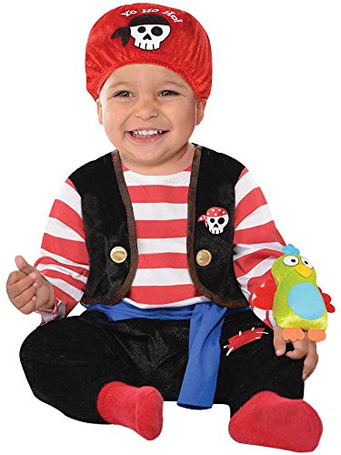 amscan 845922-55 - Disfraz de pirata para bebé con pañuelo de velcro rojo y juguete de loro, 6 a 12 meses, 1 unidad, multicolor