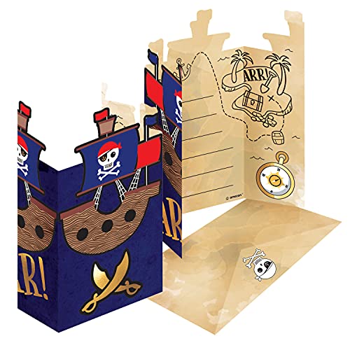 Amscan 9909920 - Tarjetas de invitación con diseño de pirata (8 tarjetas con sobre a juego, invitaciones, cumpleaños infantiles, fiestas temáticas, carnaval)