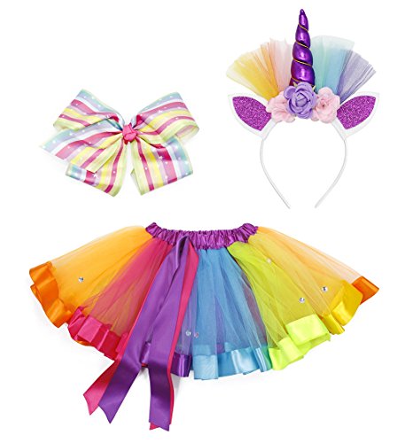 AmzBarley Disfraz de Unicornio para niña Falda de tutú arcoíris con Pinza de Pelo Arcoiris y aro de Pelo Unicornio para espectáculos de Baile de Fiesta (L, Multicolor 2)