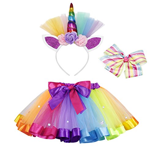 AmzBarley Disfraz de Unicornio para niña Falda de tutú arcoíris con Pinza de Pelo Arcoiris y aro de Pelo Unicornio para espectáculos de Baile de Fiesta (L, Multicolor 2)