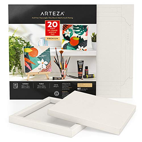 Arteza Papel de lienzo para pintar acrílicos, con marco, (24,2 x 24,2 cm), 20 hojas de 360 GSM sin ácidos, bloc encolado, papel de pulpa de madera, lienzos para pintar con diversos medios mixtos