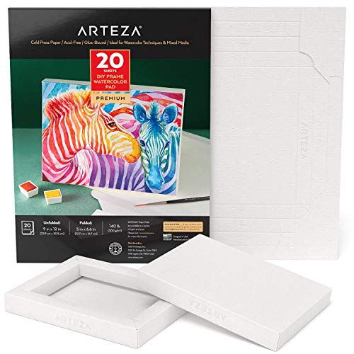 Arteza Papel de lienzo para pintar acuarelas, con marco, (12,7x16,7 cm), 20 hojas, 300 GSM, sin ácidos, bloc encolado, papel de pulpa de madera, lienzos para pintura artística y técnicas mixtas