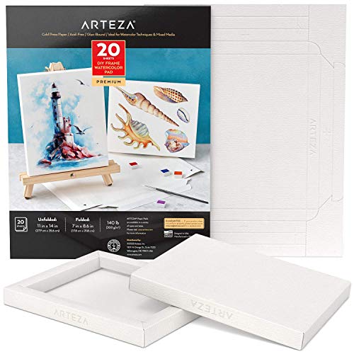 Arteza Papel de lienzo para pintar acuarelas, con marco, (17,8 x 21,8 cm), 20 hojas, 300 GSM, sin ácidos, bloc encolado, papel de pulpa de madera, lienzos para pintura artística y técnicas mixtas