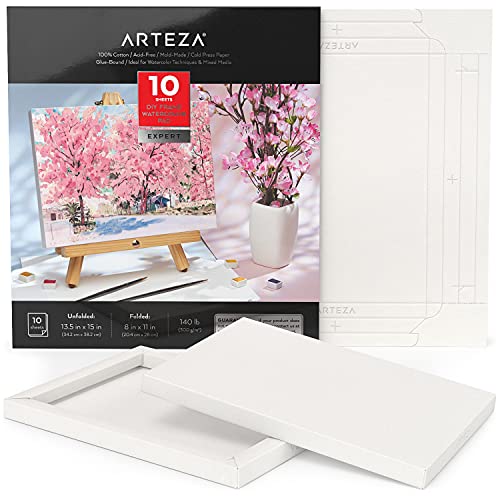 Arteza Papel de lienzo para pintar acuarelas, con marco, (20,4 x 28 cm), 10 hojas, 300 GSM, sin ácidos, algodón 100%, papel de pulpa de madera, lienzos para pintura artística y técnicas mixtas