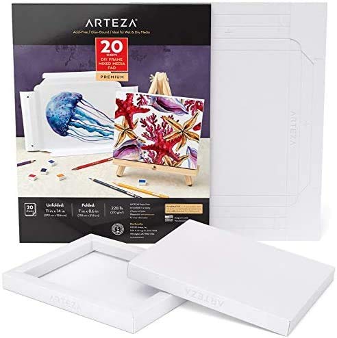 Arteza Papel de lienzo para pintar multimedia, con marco, (17,8 x 21,8 cm), 20 hojas, 370 GSM, sin ácidos, bloc encolado, papel de pulpa de madera, lienzos para pintar con diversos medios mixtos