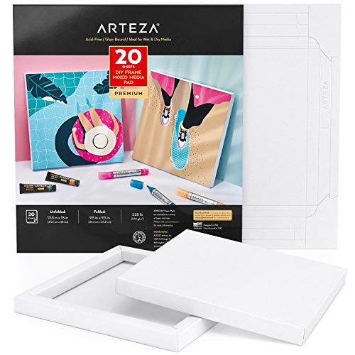 ARTEZA Papel lienzo para pintar multimedia, con marco, (24,2 x 24,2 cm), 20 hojas de 370 GSM sin ácidos, bloc encolado, papel de pulpa de madera, lienzos para pintar con diversos medios mixtos