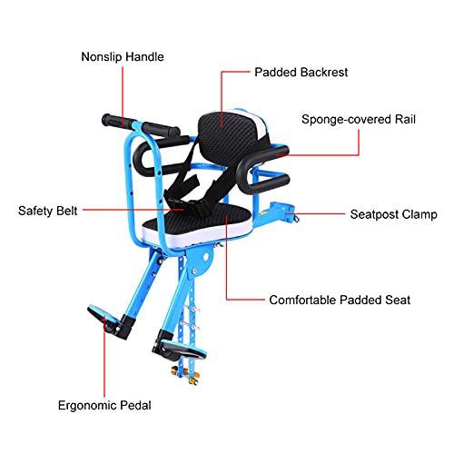 Asiento bicicleta seguridad niños, asiento bicicleta bebé montado frontal barandilla acolchada gruesa, silla bicicleta frente bicicleta montaña para niños 2 a 5 años (hasta 48 libras) fácil instalar,C