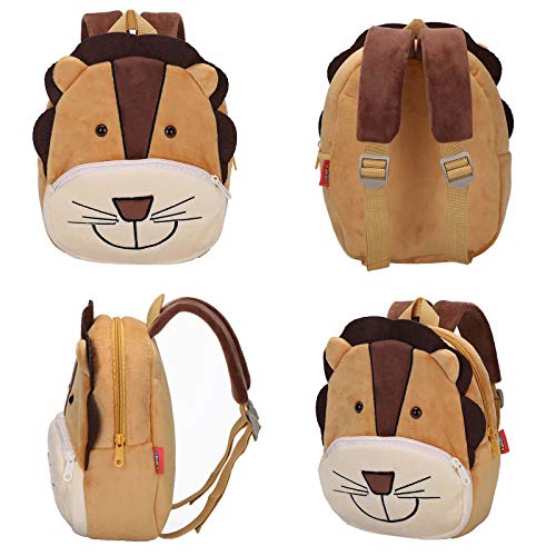 BAIGIO Mochila Infantil Kindergarten,Pequeñas Mochilas Bolsas Escolares de Dibujos Animados Animales para Niñas Primaria 3D Suave Mochila de Felpa Bebe Guarderia Preescolar para 2-4 Años (León-2)