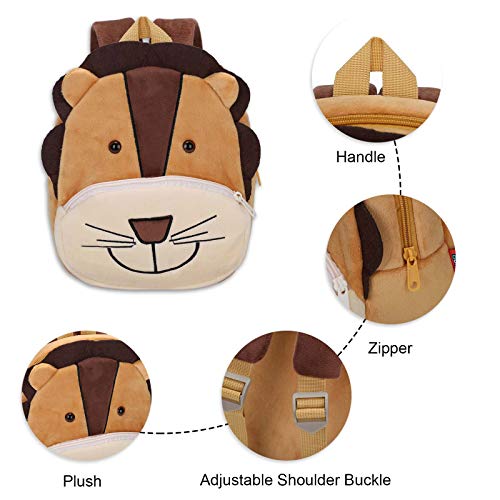 BAIGIO Mochila Infantil Kindergarten,Pequeñas Mochilas Bolsas Escolares de Dibujos Animados Animales para Niñas Primaria 3D Suave Mochila de Felpa Bebe Guarderia Preescolar para 2-4 Años (León-2)