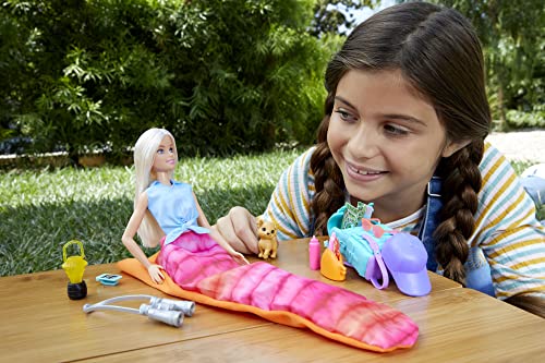 Barbie Muñeca Malibu It Takes Two de Acampada- Con Cachorro, Mochila y Saco de Dormir - 10+ Accesorios - Muñeca: 29 cm - Regalo para Niños de 3-7 Años