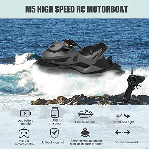 Barco de alta velocidad RC de 2.4 GHz con control remoto para piscinas, lagos y carreras eléctricas al aire libre RC Motor Boat Juguetes para adultos y niños Alarma de baja tensión impermeable