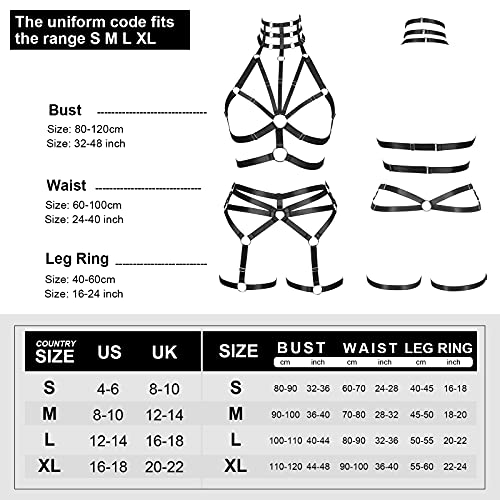 BBOHSS Arnés para el Cuerpo de Las Mujeres Sujetador de Moda Punk Conjunto de cinturón de Liga Medias Cinturón Carnaval gótico Traje de Baile de Halloween (Negro)