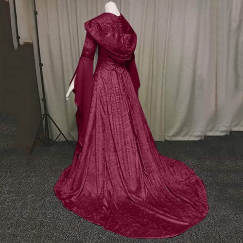 Bcshiye Vestido de cosplay gótico para mujer, estilo renacentista, vintage, medieval, hasta el suelo, con capucha, disfraz de fiesta, rojo vino, 5X-Large