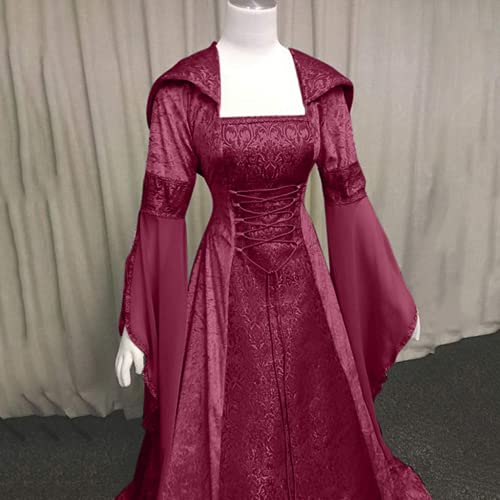 Bcshiye Vestido de cosplay gótico para mujer, estilo renacentista, vintage, medieval, hasta el suelo, con capucha, disfraz de fiesta, rojo vino, 5X-Large