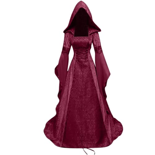 Bcshiye Vestido de cosplay gótico para mujer, estilo renacentista, vintage, medieval, hasta el suelo, con capucha, disfraz de fiesta, rojo vino, 5X-Large