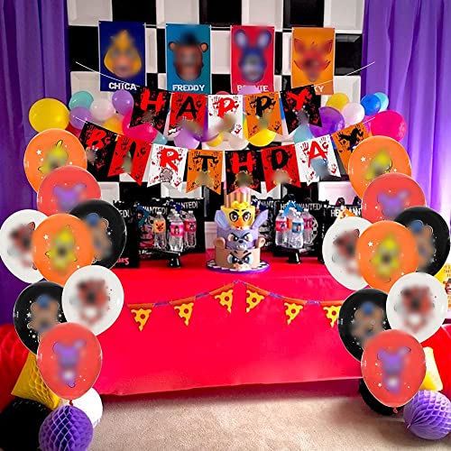 BESTZY 34pcs Kit de Decoraciones de Cumpleaños de Five Nights Globo de Látex Adornos de Pastel y Pancarta de Feliz Cumpleaños Adornos para Niños Decoraciones de Fiesta