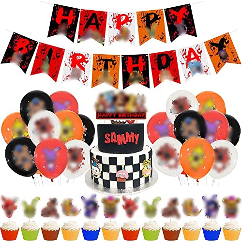 BESTZY 34pcs Kit de Decoraciones de Cumpleaños de Five Nights Globo de Látex Adornos de Pastel y Pancarta de Feliz Cumpleaños Adornos para Niños Decoraciones de Fiesta