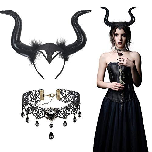 BIGKASI Diadema de Cuerno Negro, Reina Malvada y Collar de Encaje Gótico, Cuernos de Diablo Ajustables y Collar de Encaje con Piedras Preciosas, Accesorios de Cosplay para Fiesta de Lema de Mascarada