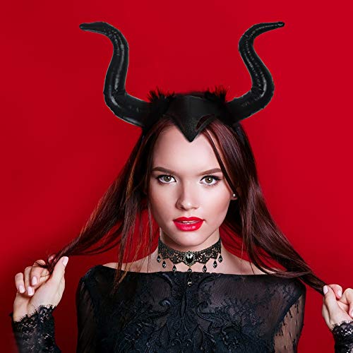 BIGKASI Diadema de Cuerno Negro, Reina Malvada y Collar de Encaje Gótico, Cuernos de Diablo Ajustables y Collar de Encaje con Piedras Preciosas, Accesorios de Cosplay para Fiesta de Lema de Mascarada