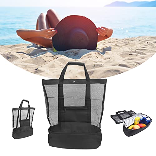 Bolsa de Asas de Malla para Acampar en la Playa, Bolsa de Seguro para Picnic, Multifuncional, para Acampar en la Playa, Fuerte Dureza con Bolsa de Enfriamiento Desmontable para Piscinas(negro)