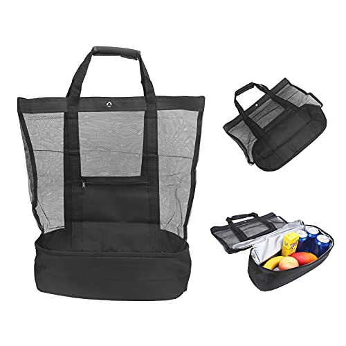 Bolsa de Asas de Malla para Acampar en la Playa, Bolsa de Seguro para Picnic, Multifuncional, para Acampar en la Playa, Fuerte Dureza con Bolsa de Enfriamiento Desmontable para Piscinas(negro)