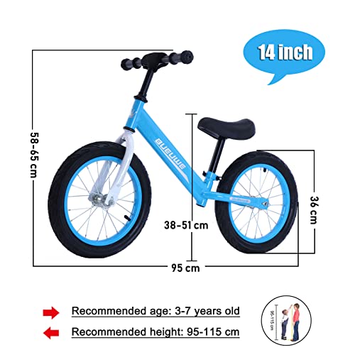 Bueuwe Bicicleta de Equilibrio Sin Pedales NiñO 3-7 AñOs,14 Pulgadas Bici para NiñOs,SillíN Ajustables,Ultraligera,Aprender A Mantener El Equilibrio Juguetes para NiñOs,hasta 45 Kg, Blue