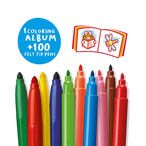 Carioca Color Box | 100 Rotuladores Super Lavables con una Caja de Metal Azul, Rotuladores Punta Fina y Punta Maxi con Álbum para Colorear, 100 Rotuladores