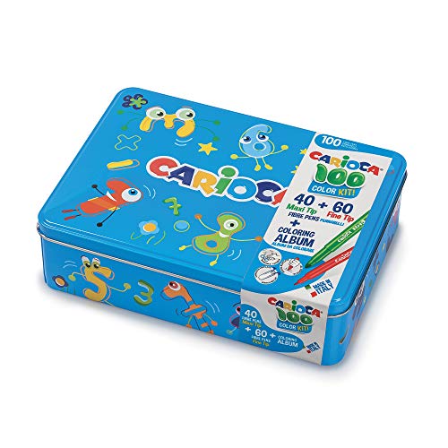 Carioca Color Box | 100 Rotuladores Super Lavables con una Caja de Metal Azul, Rotuladores Punta Fina y Punta Maxi con Álbum para Colorear, 100 Rotuladores