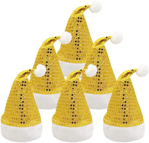 Carnavalife Gorro de Papá Noel con Lentejuelas, Gorro de Navidad para Disfraz de Año Nuevo, Sombrero de Santa Claus con Pompón Blanco y Ala de Felpa, 6 piezas (Oro, Talla Adulto)