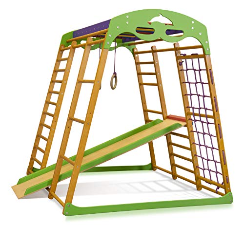 Centro de actividades con tobogán ˝Karamelček˝, red de escalada, anillos, escalera sueco, campo de juego infantil, Juguetes