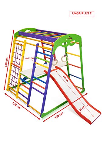 Centro de actividades con tobogán ˝Unga-Plus-2˝, red de escalada, anillos, escalera sueco, campo de juego infantil