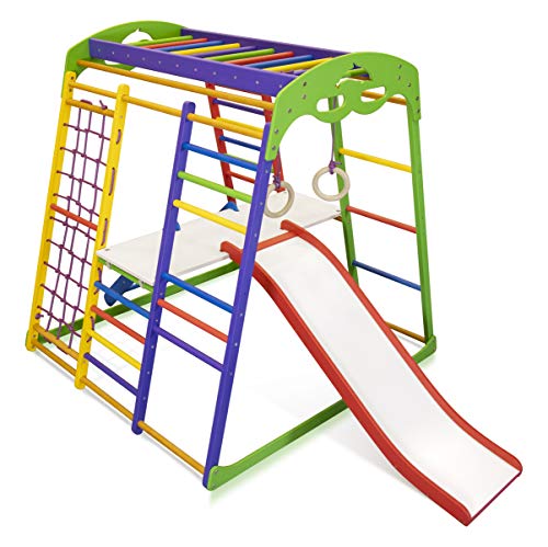 Centro de actividades con tobogán ˝Unga-Plus-2˝, red de escalada, anillos, escalera sueco, campo de juego infantil