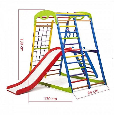 Centro de actividades con tobogán"Sportwood-Plus-2" red de escalada, anillos, escalera sueco, campo de juego infantil