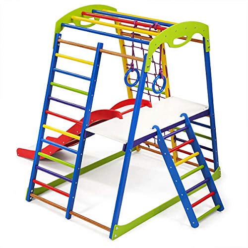 Centro de actividades con tobogán"Sportwood-Plus-2" red de escalada, anillos, escalera sueco, campo de juego infantil