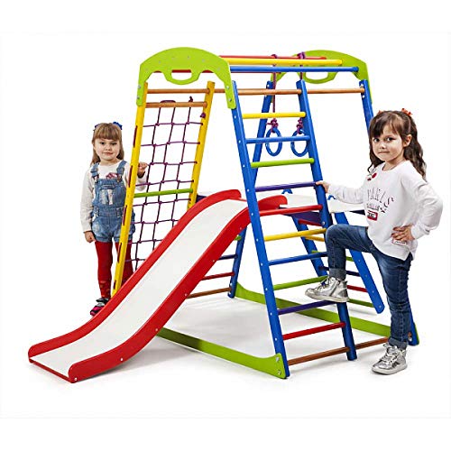 Centro de actividades con tobogán"Sportwood-Plus-2" red de escalada, anillos, escalera sueco, campo de juego infantil