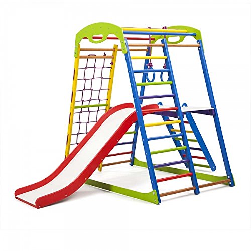 Centro de actividades con tobogán"Sportwood-Plus-2" red de escalada, anillos, escalera sueco, campo de juego infantil