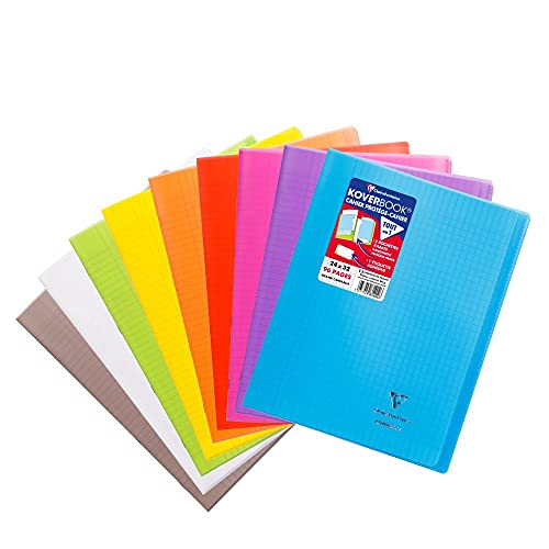 Clairefontaine 981490AMZC Lot de 9 Cahiers Agrafés Koverbook - 24x32 cm - 96 Pages Grands Carreaux Papier Blanc 90g Couverture Polypro (Bleu, Rouge, Vert, Jaune, Violet, Gris, Orange, Rose, Incolore)