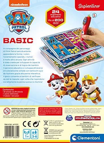 Clementoni- Paw Patrol Sapientino Basic Patrulla Canina - Juego Educativo electrónico con bolígrafo Interactivo para niños de 3 años + (versión en Italiano), Fabricado en Italia, Multicolor (16334)