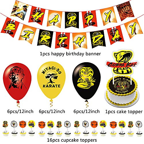 Cobra Kai Suministros para fiesta de cumpleaños, 36 piezas globos Cobra Kai para decoración de fiestas, pancarta para fiesta de cumpleaños Cobra Kai y adornos para cupcakes para niños y adolescentes